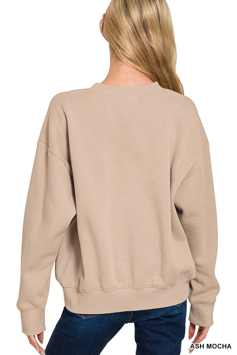 Ash Mocha Zenana fleece long sleeve sweatshirt and shorts set, cozy loungewear from Trendsi, featuring a comfortable fit.