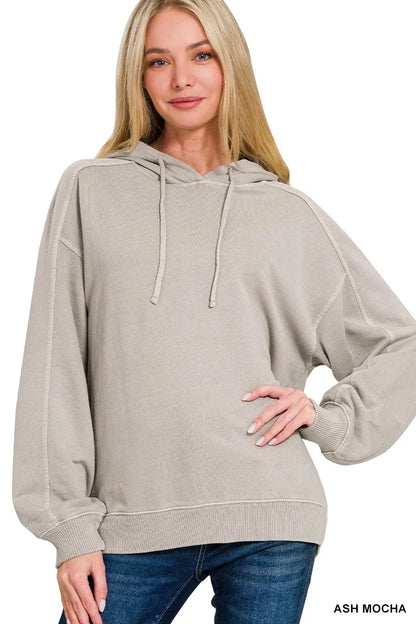 Ash Mocha Zenana French Terry hoodie with pigment dye and enzyme wash, featuring a relaxed fit and soft, comfortable fabric.