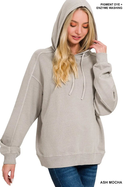 Ash Mocha Zenana French Terry hoodie with pigment dye and enzyme washing, featuring a cozy, casual fit and soft fabric.