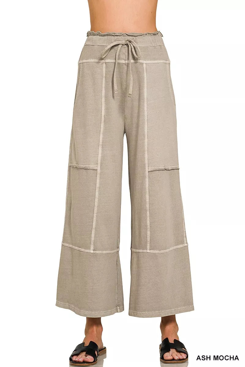 Ash Mocha Zenana French Terry washed wide-leg pants with exposed seams, casual and comfortable for everyday wear.