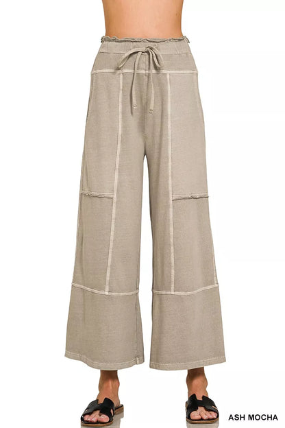 Ash Mocha Zenana French Terry washed wide-leg pants with exposed seams, casual and comfortable for everyday wear.