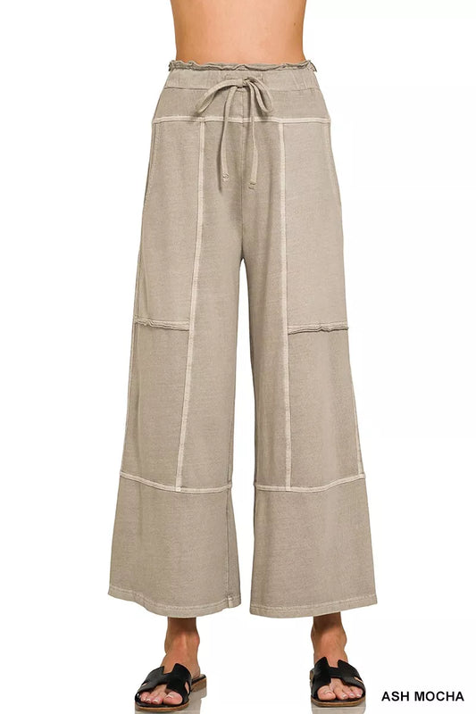 Ash Mocha Zenana French Terry washed wide-leg pants with exposed seams, casual and comfortable for everyday wear.
