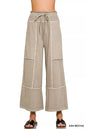 Ash Mocha Zenana French Terry washed wide-leg pants with exposed seams, casual and comfortable for everyday wear.