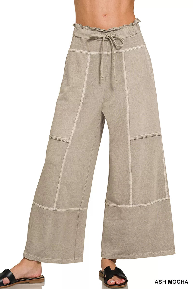 Ash Mocha Zenana French Terry washed wide-leg pants with exposed seams, stylish and comfortable casual wide-leg trousers.