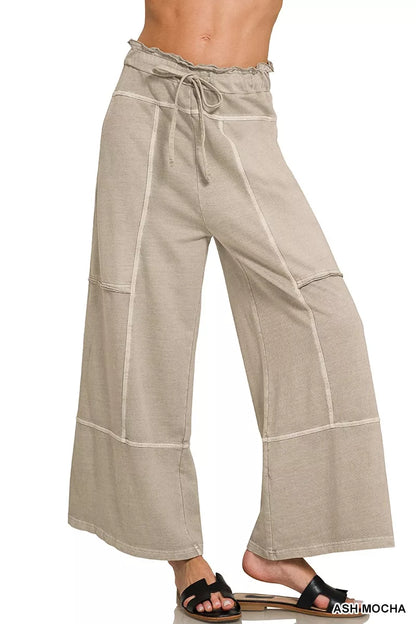 Ash Mocha Zenana French Terry wide-leg pants with exposed seams, casual and comfortable for everyday wear.