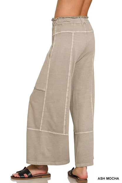 Ash Mocha Zenana French Terry washed wide-leg pants with exposed seams, casual and comfortable for everyday wear.