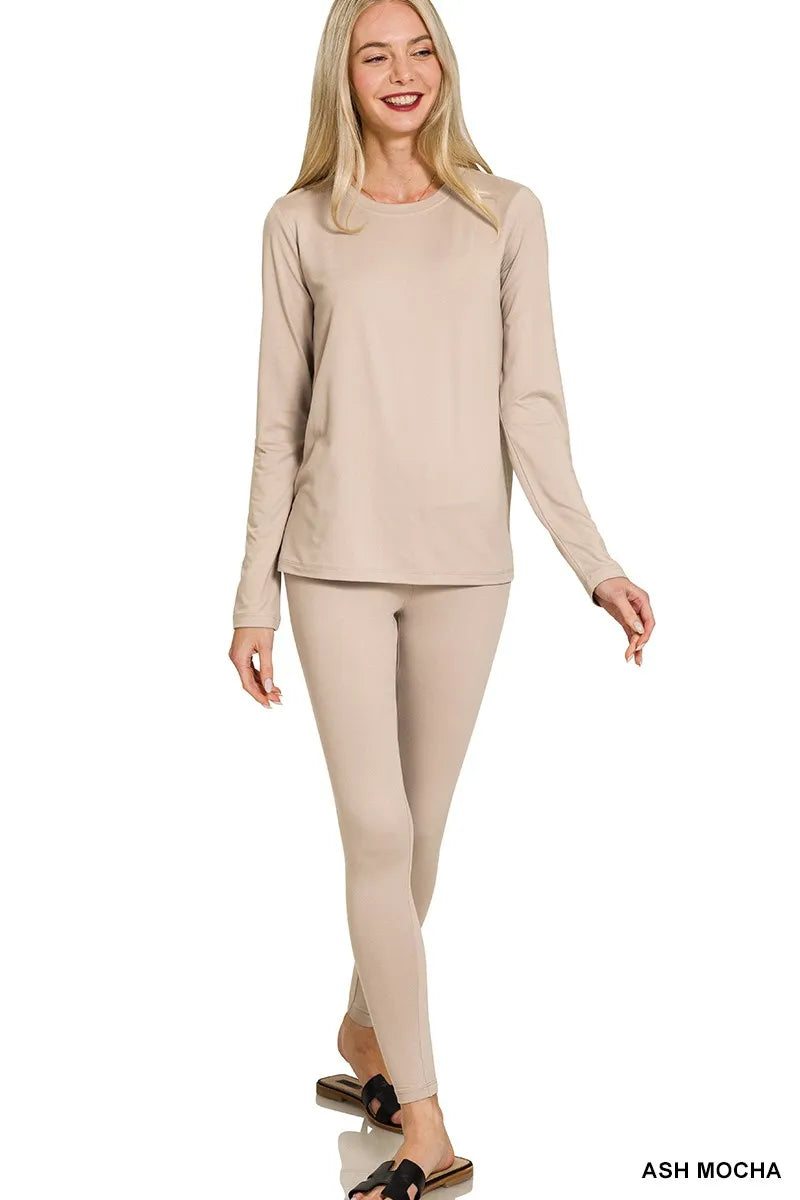 Ash Mocha Zenana microfiber round neck top and leggings set with long sleeves, soft and comfortable for casual wear.