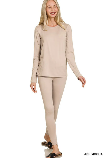Ash Mocha Zenana microfiber round neck top and leggings set with long sleeves, soft and comfortable for casual wear.