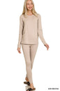 Ash Mocha Zenana microfiber round neck top and leggings set with long sleeves, soft and comfortable for casual wear.