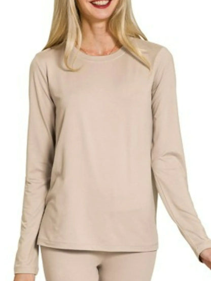 Ash Mocha Zenana microfiber round neck top and leggings set, soft stretch fabric, casual loungewear or athleisure outfit.