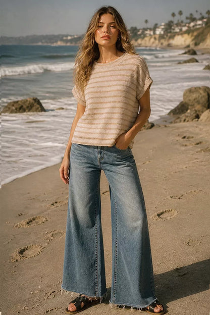 Ash Mocha Zenana raised rib striped top from Trendsi featuring a fitted, textured knit with horizontal stripe pattern.