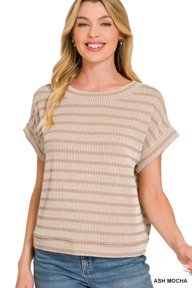 Ash Mocha Zenana Raised Rib Striped Top by Trendsi, featuring a fitted ribbed fabric and stylish striped pattern.