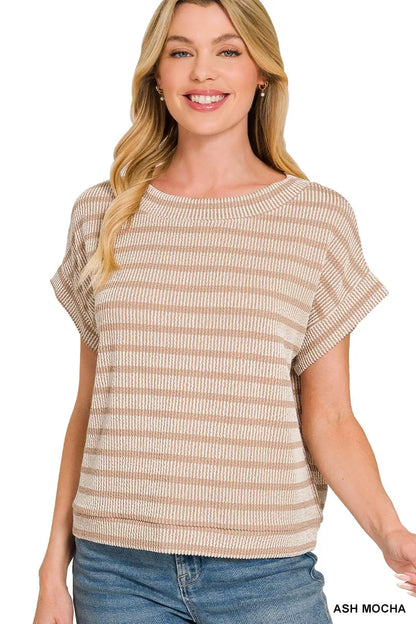 Ash Mocha Zenana Raised Rib Striped Top by Trendsi, featuring a fitted ribbed fabric and stylish striped pattern.