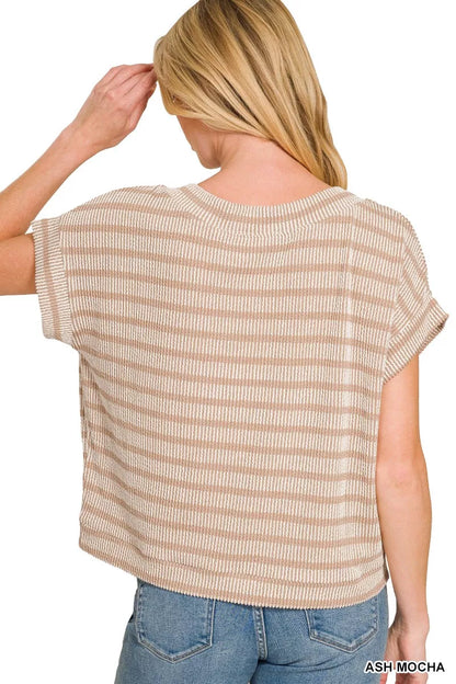Ash Mocha Zenana raised rib striped top by Trendsi, featuring a fitted silhouette and stylish ribbed pattern.
