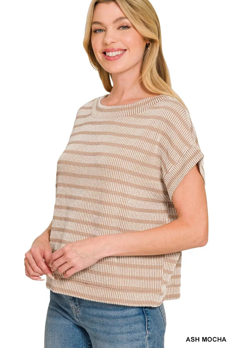Ash Mocha Zenana Raised Rib Striped Top by Trendsi featuring a fitted ribbed fabric and stylish striped pattern.