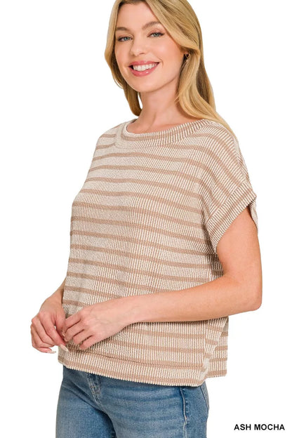 Ash Mocha Zenana Raised Rib Striped Top by Trendsi featuring a fitted ribbed fabric and stylish striped pattern.