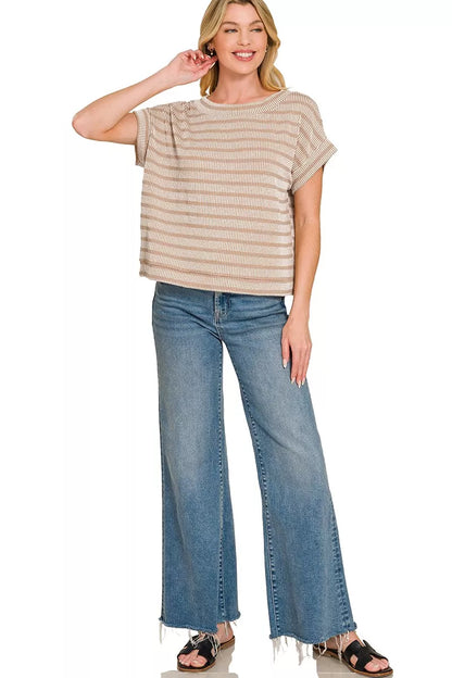 Ash Mocha Zenana Raised Rib Striped Top by Trendsi, featuring a fitted ribbed knit with bold horizontal stripes.