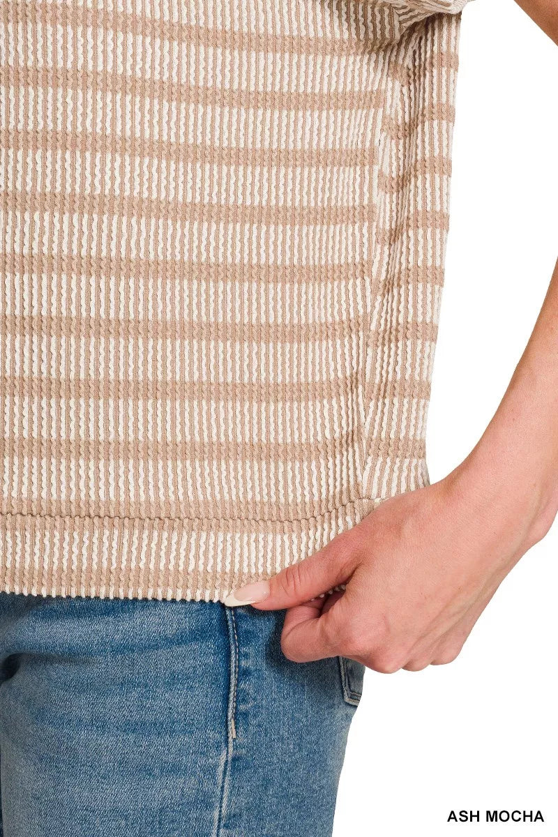 Ash Mocha Zenana Raised Rib Striped Top from Trendsi, featuring a fitted design with raised ribbed texture and horizontal stripe pattern.