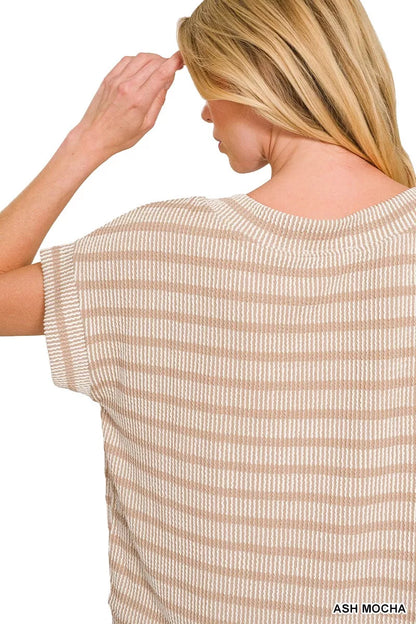 Ash Mocha Zenana Raised Rib Striped Top by Trendsi, featuring a fitted ribbed fabric with horizontal stripe pattern.