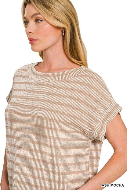 Ash Mocha Zenana Raised Rib Striped Top by Trendsi, showcasing a close-up of the ribbed fabric and stylish horizontal stripes.