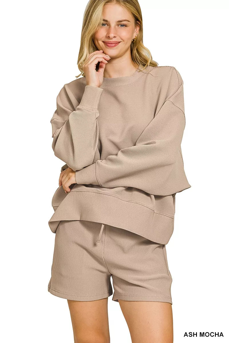 Ash mocha Zenana ribbed round neck pullover and shorts set, cozy knit fabric, casual loungewear ensemble.