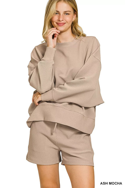 Ash mocha Zenana ribbed round neck pullover and shorts set, cozy knit fabric, casual loungewear ensemble.
