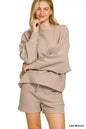 Ash mocha Zenana ribbed round neck pullover and shorts set, cozy knit fabric, casual loungewear ensemble.