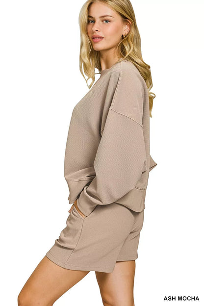 Ash Mocha Zenana ribbed round neck pullover and shorts set, soft knit fabric, casual loungewear look.