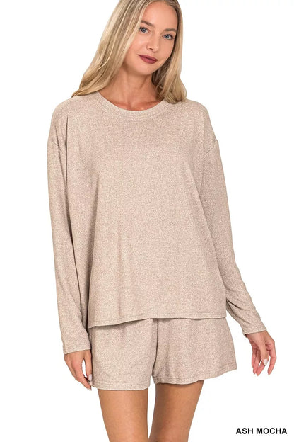 Zenana soft melange long sleeve tee and shorts set in ash mocha, casual loungewear from Trendsi, with comfortable fabric and relaxed fit.