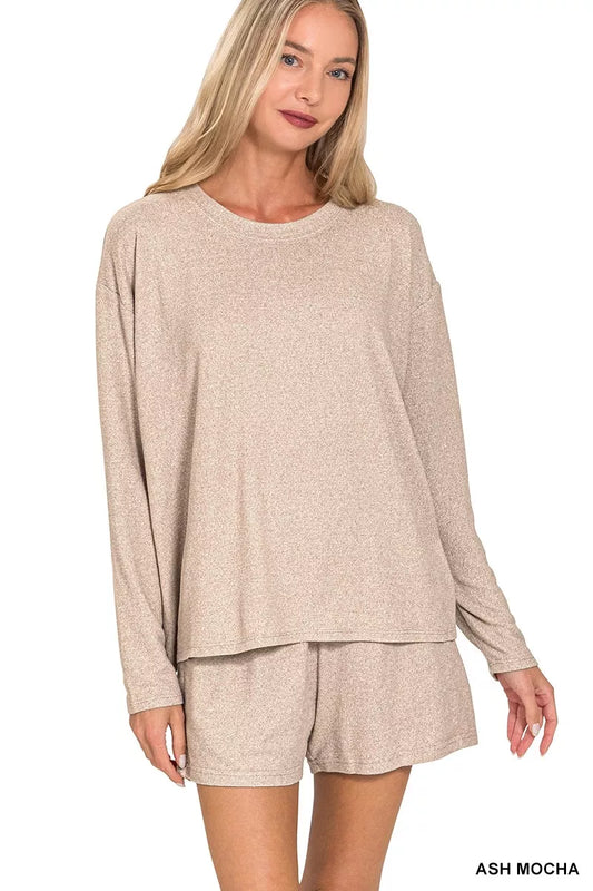 Zenana soft melange long sleeve tee and shorts set in ash mocha, casual loungewear from Trendsi, with comfortable fabric and relaxed fit.