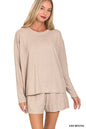Zenana soft melange long sleeve tee and shorts set in ash mocha, casual loungewear from Trendsi, with comfortable fabric and relaxed fit.