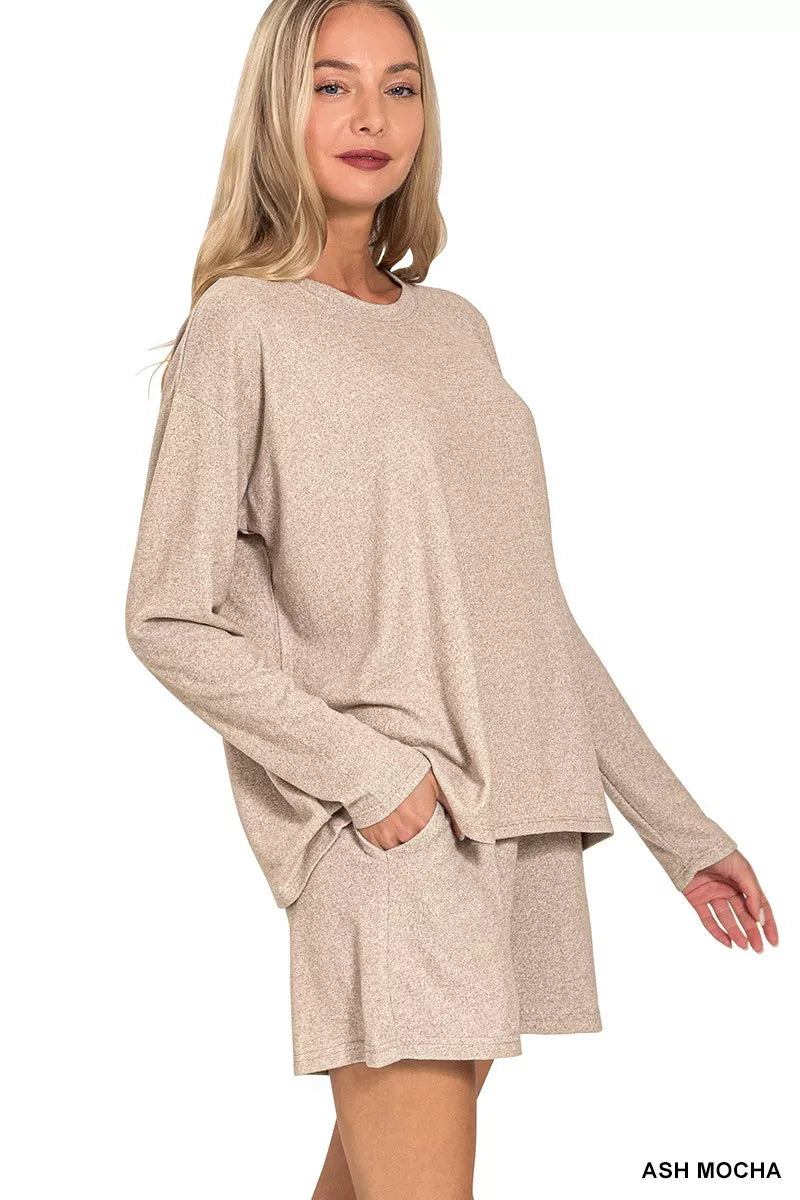 Soft ash mocha Zenana long sleeve tee and shorts set from Trendsi, made of comfortable melange fabric, perfect for casual wear.