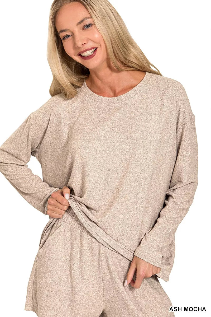 Zenana soft melange long sleeve tee and shorts set in ash mocha, casual loungewear from Trendsi, featuring a comfortable fit and stylish design.