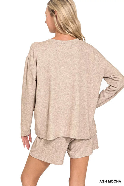 Zenana soft melange long sleeve tee and shorts set in ash mocha, featuring a cozy, casual loungewear style.