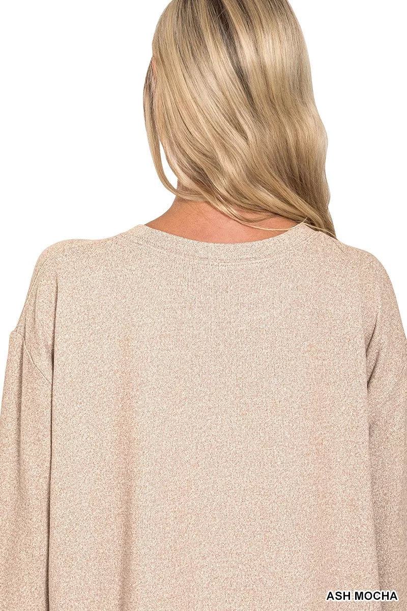 Ash Mocha Zenana soft melange long sleeve tee and shorts set, casual loungewear with comfortable fabric and relaxed fit.