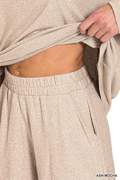 Light brown Zenana soft melange long sleeve tee and shorts set, casual loungewear, with relaxed fit and comfortable fabric.