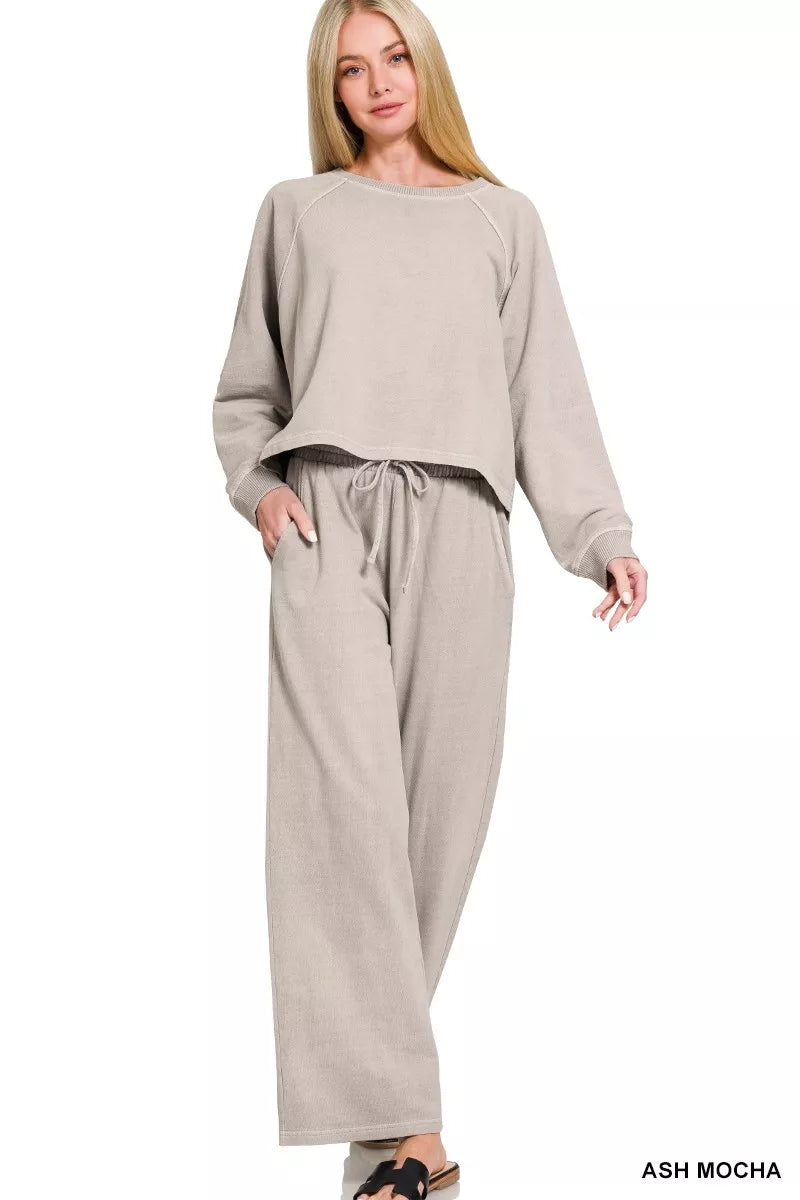 Ash Mocha Zenana washed fleece sweatshirt and pants set with round neck, soft terry fabric, and comfortable fit.