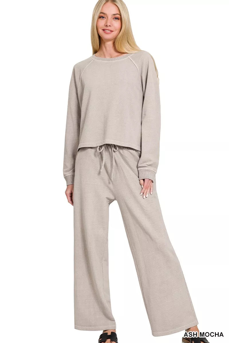 Ash Mocha Zenana washed fleece sweatshirt and pants set, round neck pullover with matching relaxed fit pants, casual loungewear.