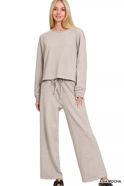 Ash Mocha Zenana washed fleece sweatshirt and pants set, round neck pullover with matching relaxed fit pants, casual loungewear.