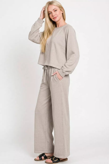 Zenana washed fleece terry round neck pullover and pants set in ash mocha, soft loungewear from Trendsi