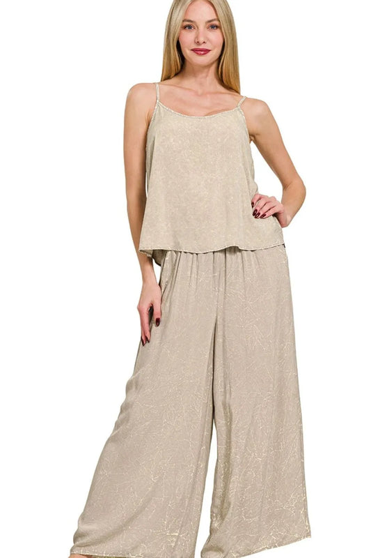 Zenana woven acid crinkle washed cami and pants 2-piece set in ash mocha, casual and stylish women's loungewear.