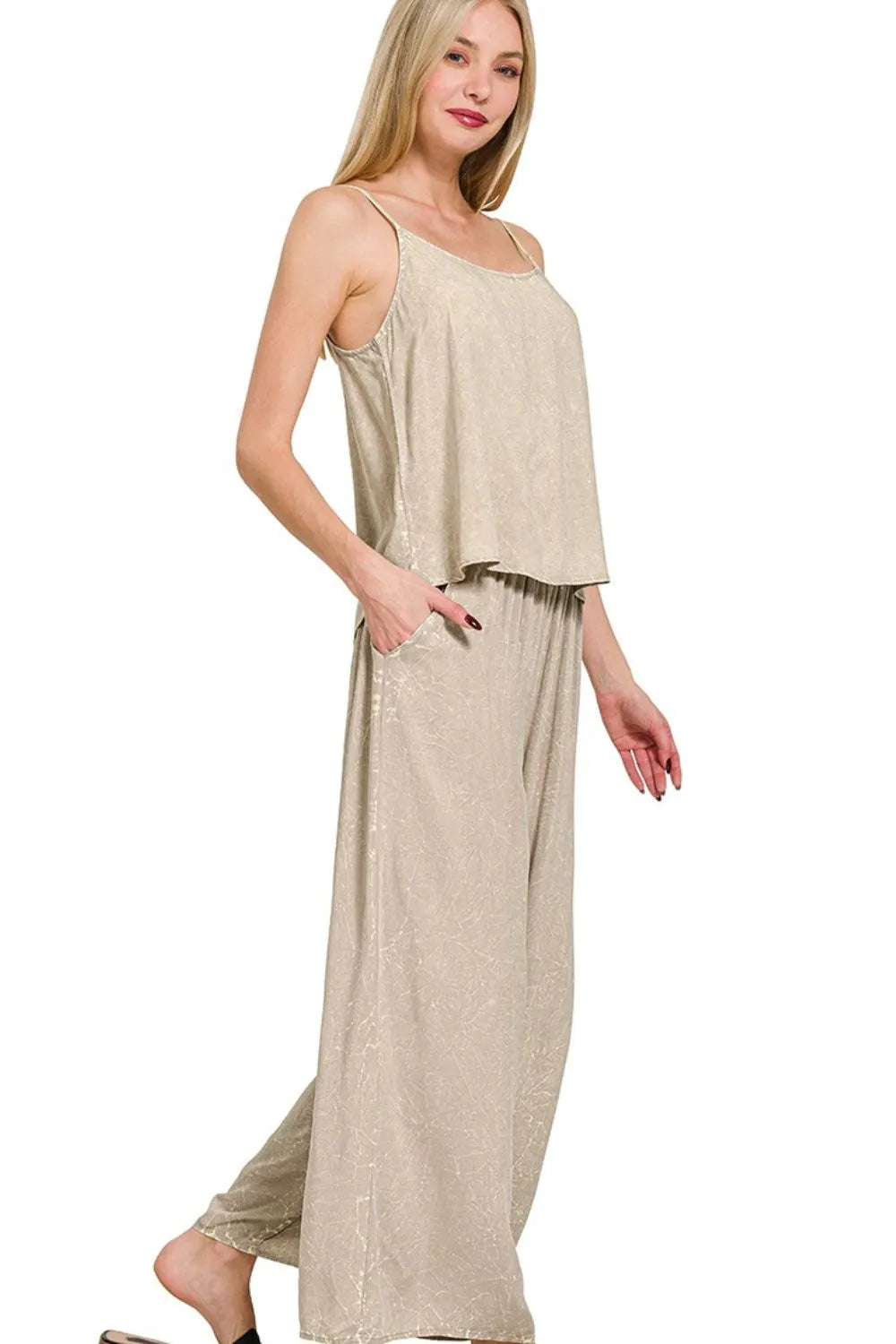 Zenana woven acid crinkle washed cami and pants 2-piece set in ash mocha, stylish and comfortable trendy loungewear.