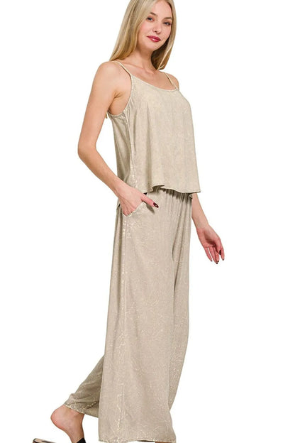 Zenana woven acid crinkle washed cami and pants 2-piece set in ash mocha, stylish and comfortable trendy loungewear.
