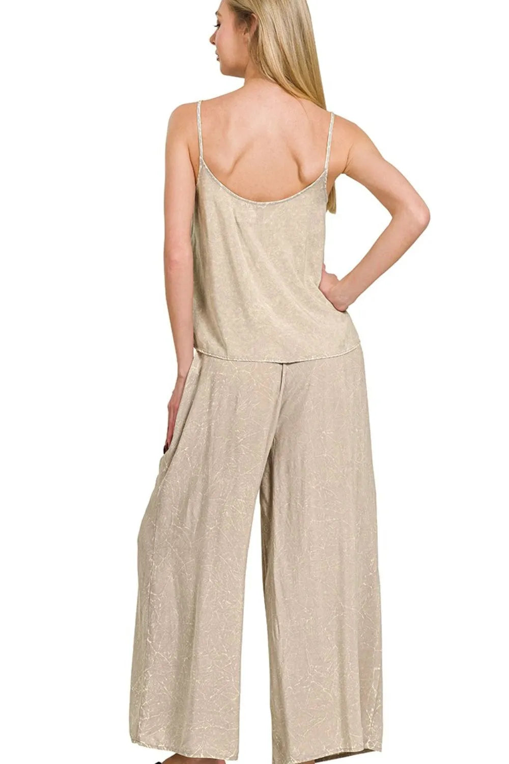 Zenana acid crinkle washed cami and pants 2-piece set in ash mocha, woven fabric with crinkle texture, casual stylish look