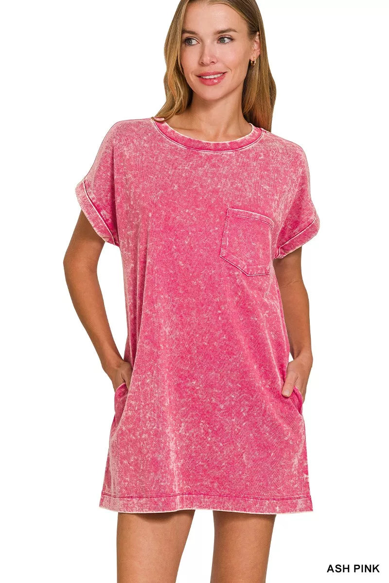 Ash pink Zenana Premium Cotton Washed T-Shirt Dress, casual short-sleeve dress with a relaxed fit and soft fabric.