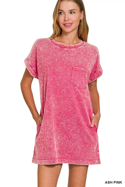 Ash pink Zenana Premium Cotton Washed T-Shirt Dress, casual short-sleeve dress with a relaxed fit and soft fabric.
