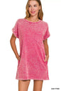 Ash pink Zenana Premium Cotton Washed T-Shirt Dress, casual short-sleeve dress with a relaxed fit and soft fabric.