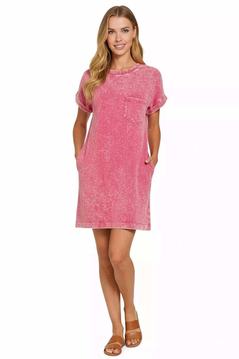 Ash pink Zenana Premium Cotton Washed T-Shirt Dress with short sleeves and relaxed fit, styled for casual wear.