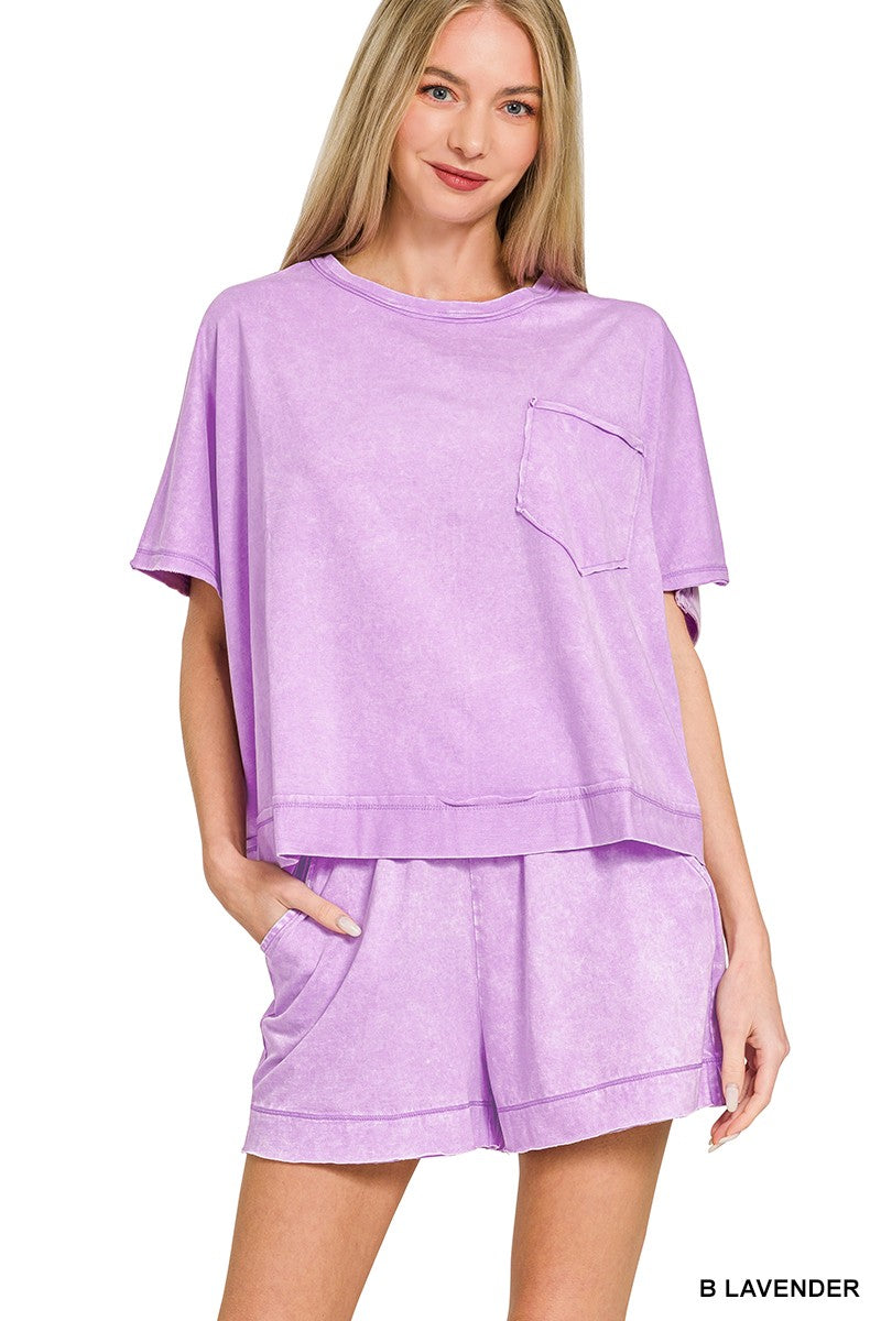 Lavender acid-washed oversized top and shorts set by Zenana, casual loungewear with relaxed fit and stylish design.