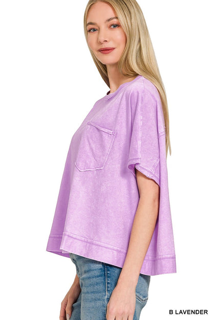 Lavender acid-washed oversized top and shorts set by Zenana, casual loungewear with relaxed fit and stylish details.